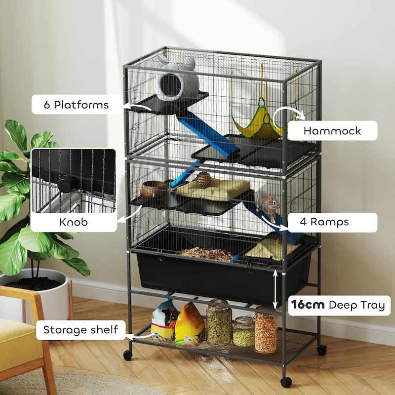 Dark Grey 5-Tier Small Animal Cage with Wheels Hammock Platforms Ramps and Storage Shelf - 34.6" L x 18.9" W x 59.3" H
