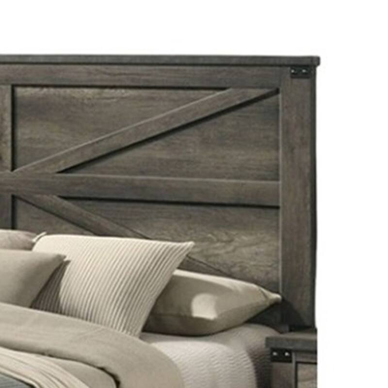 Bry Queen Size Bed w Chevron Panel Headboard, Rustic Gray Wood Frame