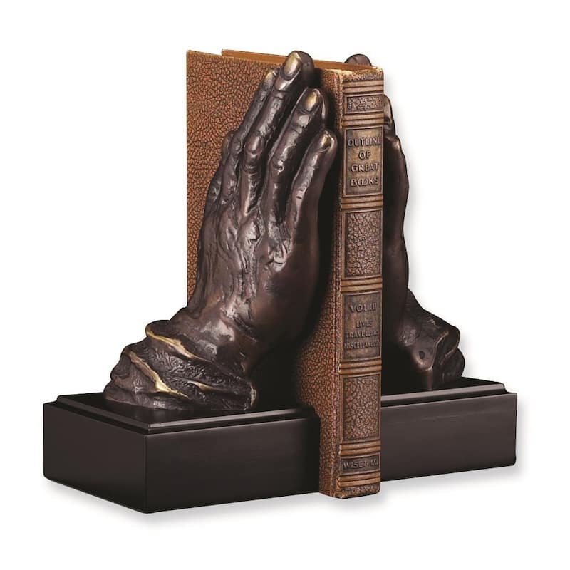Curata Set of 2 Antiqued Bronze Finish Cast Metal Wood Praying Hands on Black Wood Base Bookends 7" x 10"