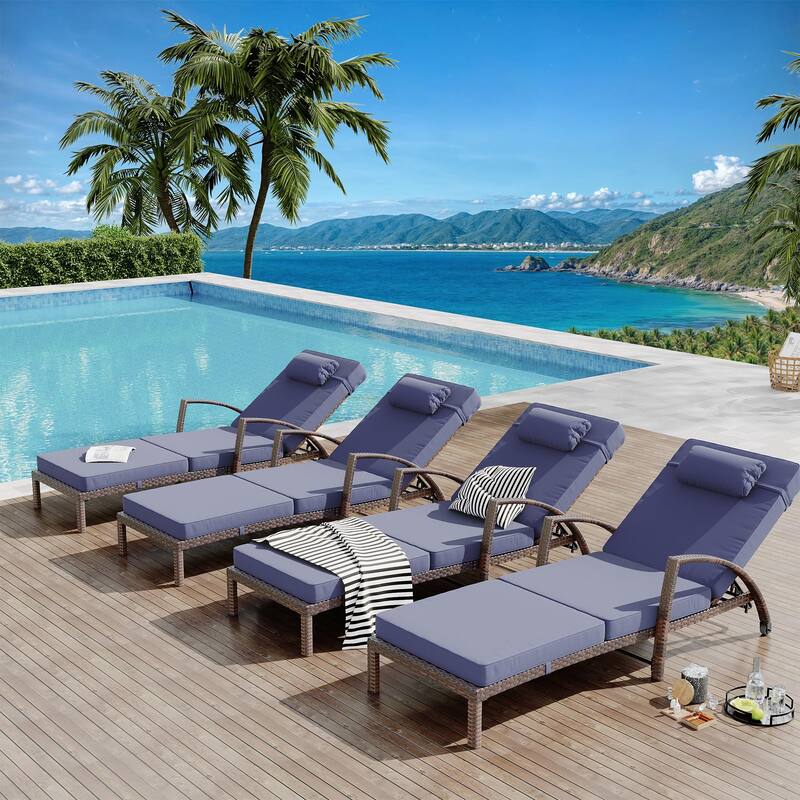 Outdoor Chaise Lounge Chairs Set of 2, Patio Rattan Reclining Chair with 5-Position Adjustable Backrest