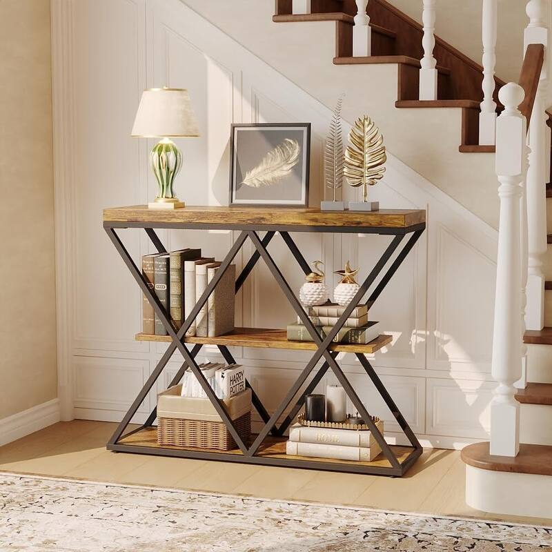 3-Tier X-Shaped Console Table, Entryway Table with Storage Shelf