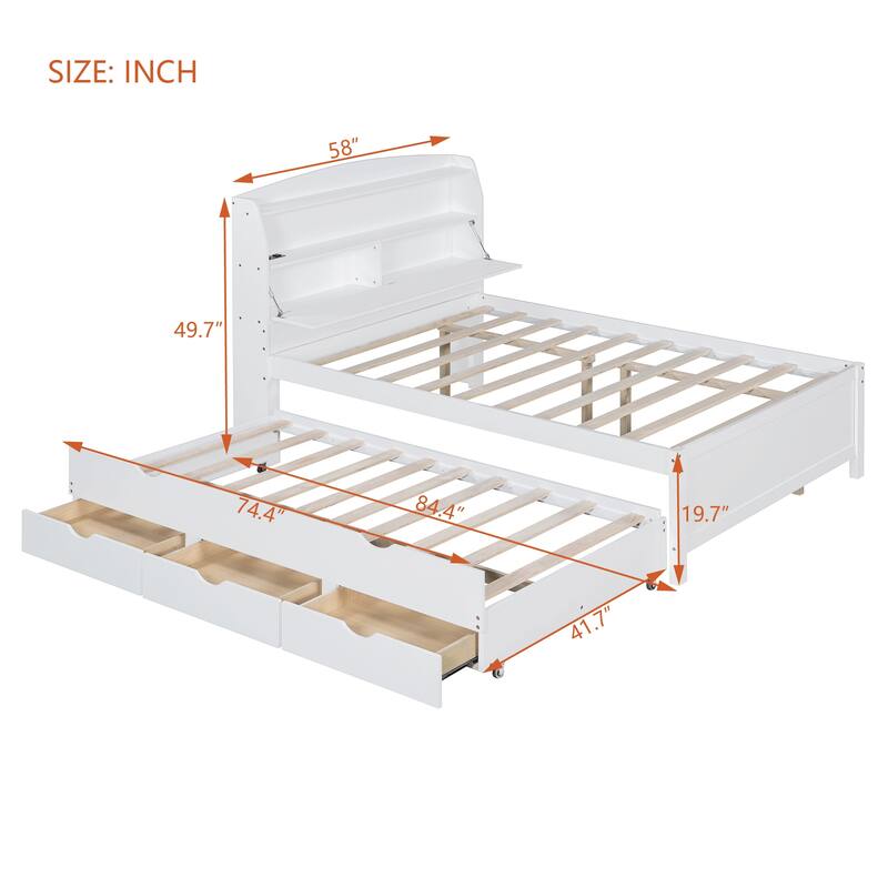 Full Platform Bed with Pull-Out Trundle, LED Headboard Lighting, USB Charging Ports, Flip-Up Storage, and Under-Bed Drawers