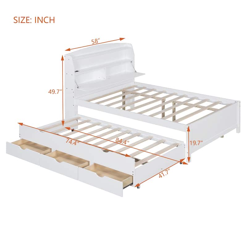 Full Size Wooden LED Platform Bed with Trundle, Storage Headboard Modern Floor Standing Bed Frame with Drawers