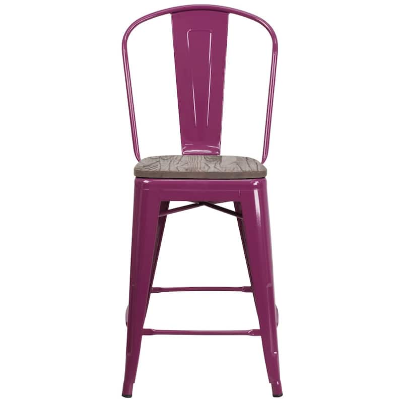 24" High Metal Counter Height Stool with Back and Wood Seat - 17.75"W x 22"D x 40.25"H - 17.75"W x 22"D x 40.25"H