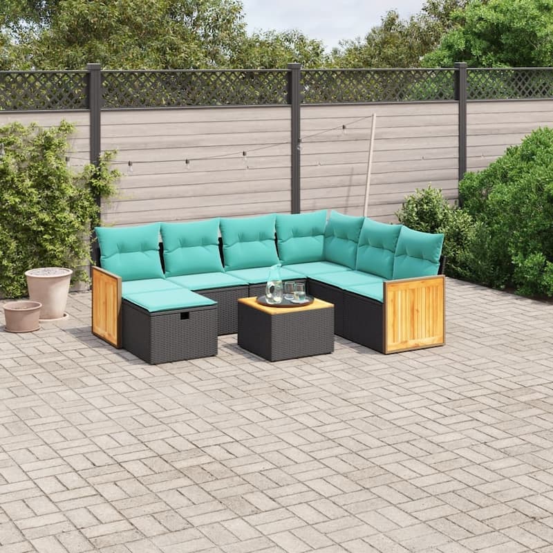 vidaXL Patio Sofa Set with Cushions Outdoor Conversation Furniture Poly Rattan - 24.4" x 24.4" x 27.2" - Black and blue with table