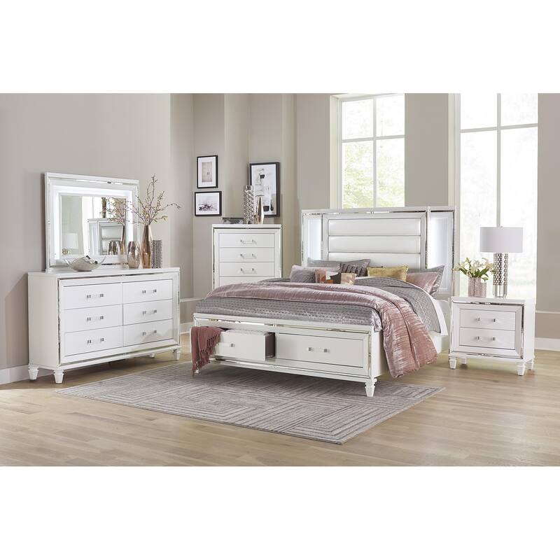 Glamorous White Silver Nightstand, 2 Drawers, Acrylic Bar Pulls, Stylish