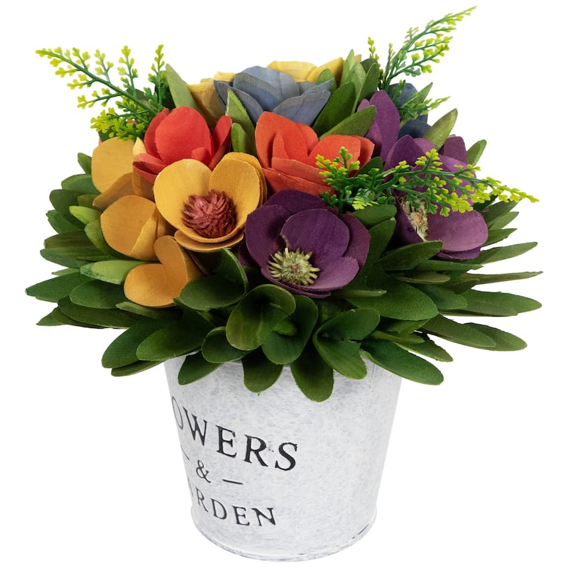 Wooden Artificial Spring Floral Arrangement "Flowers Garden" Pot 8"