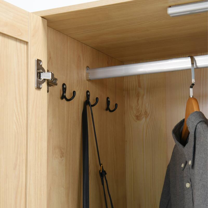 4 Door Wardrobe Closet with Mirror and LED Light, Wooden Storage Cabinet with 2 Drawers, Hanging Rod and Shelves