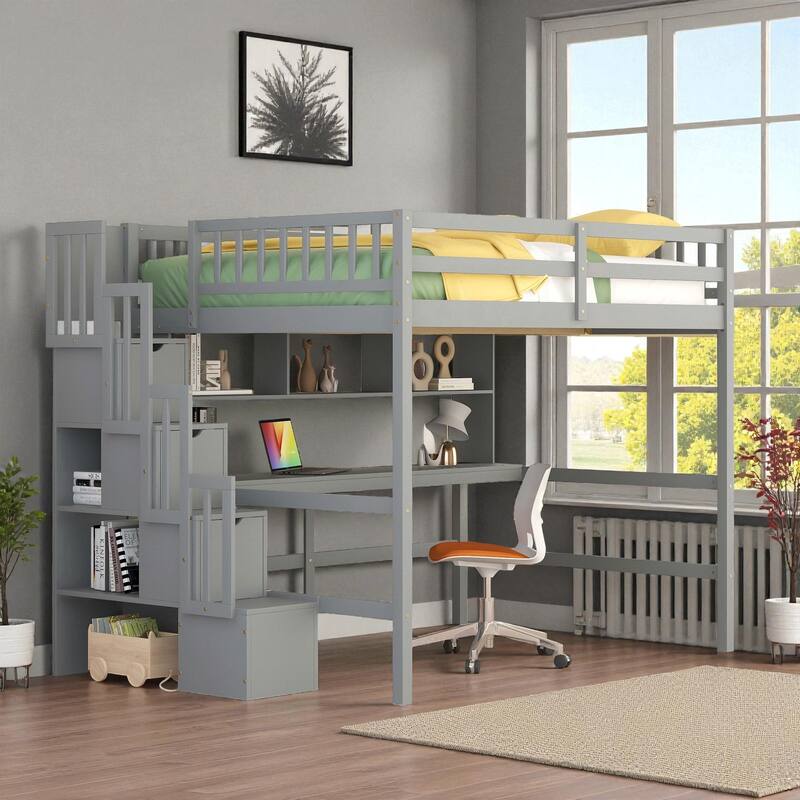 Full Size Wooden Loft Bed with Desk, Storage Shelves, and Staircase, Solid Pine Frame with Guardrails