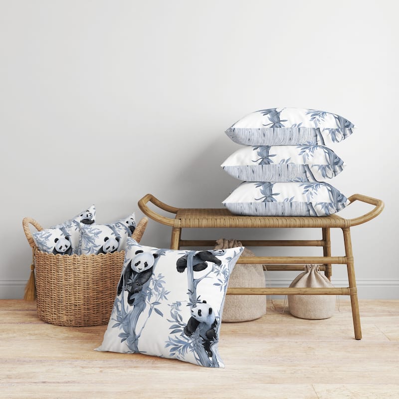 Climbing Panda Faux Suede Reversible Throw Pillow Blue and Black
