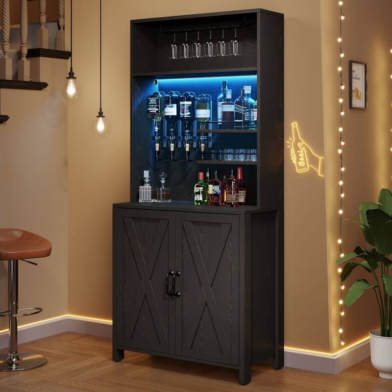 Moasis Farmhouse Bar Cabinet Wine Rack with RGB Light and Power Outlet