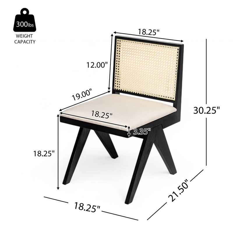 Dining Chairs Set of 2, Ergonomic Upholstered Kitchen Side Chairs, Accent Chairs with Rattan Backrest & Solid Wood Legs