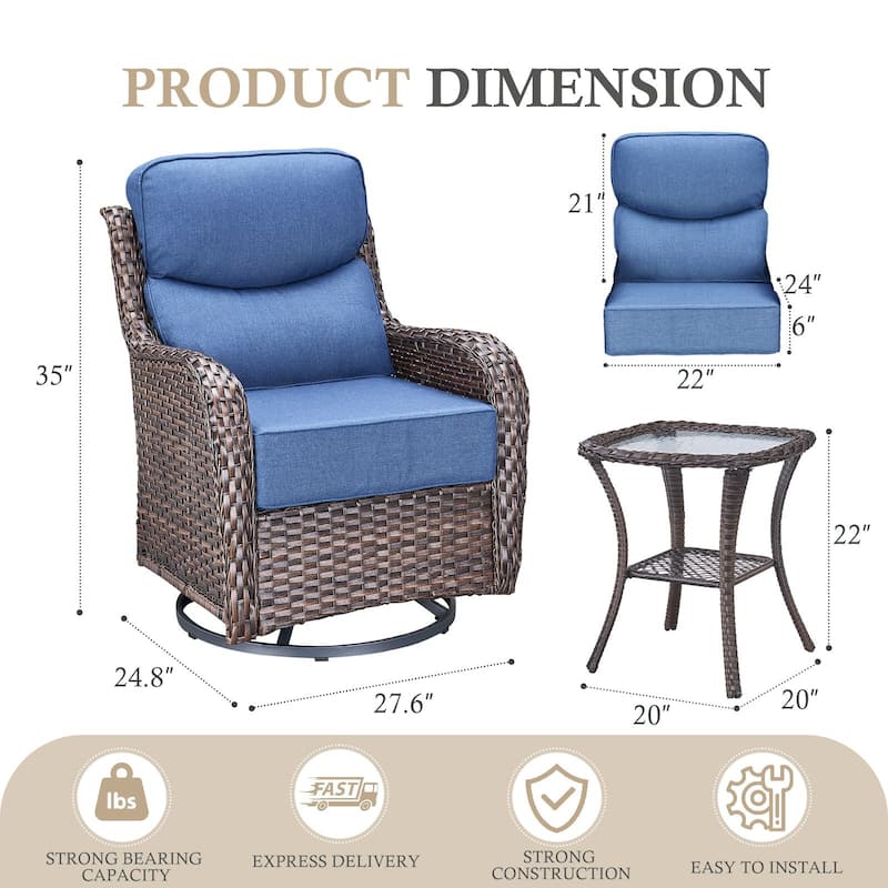 Arcadia 3-Piece Wicker Patio Swivel Glider Chairs with 6-Inch Thick Cushions and Side Table