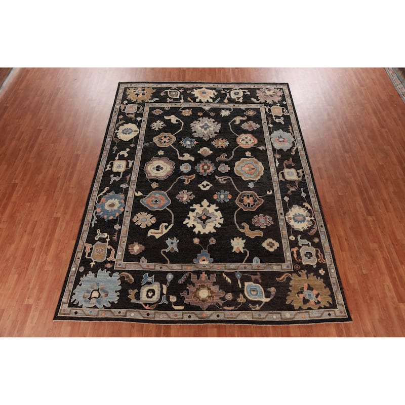 Hand Knotted Oriental 100% Wool Carpet Transitional All-Over Black Oushak Area Rug - 12' 5'' X 9' 0''
