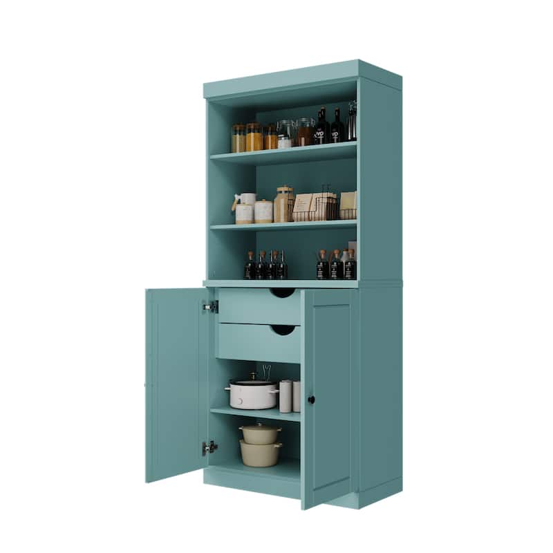 100% Solid Wood Kitchen Pantry Cabinet with 2 Clear Glass or Solid Wood Doors and 2-Drawer Organizer by Palace Imports