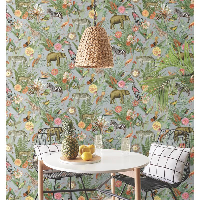 RoomMates Green Tropical Zoo Peel and Stick Wallpaper Bed Bath