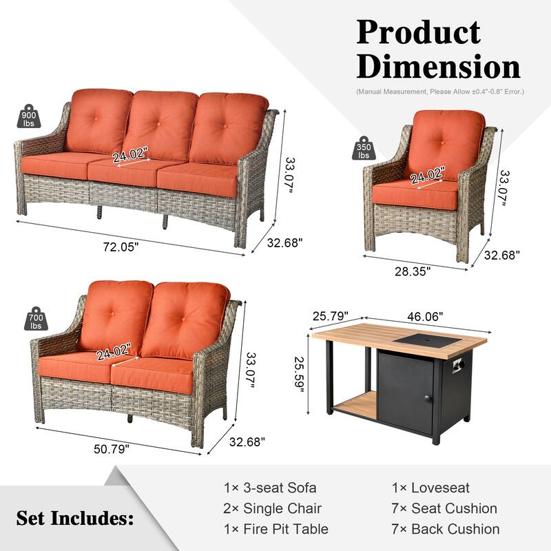 OVIOS 5-piece Patio Wicker Conversation Set With Fire Table