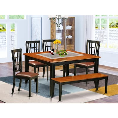 HomeStock 6-Piece Square Black & Cherry Finish Solid Wood Top dining Table with 1-Bench and 4-Chairs with Lattice Back