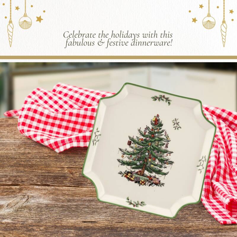Spode Christmas Tree Square Canape Plate - 8" L x 8" W