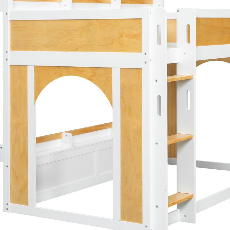 Kids Wooden Bunk Bed with Built-in Storage Shelves, Playful Window and 2 Doors
