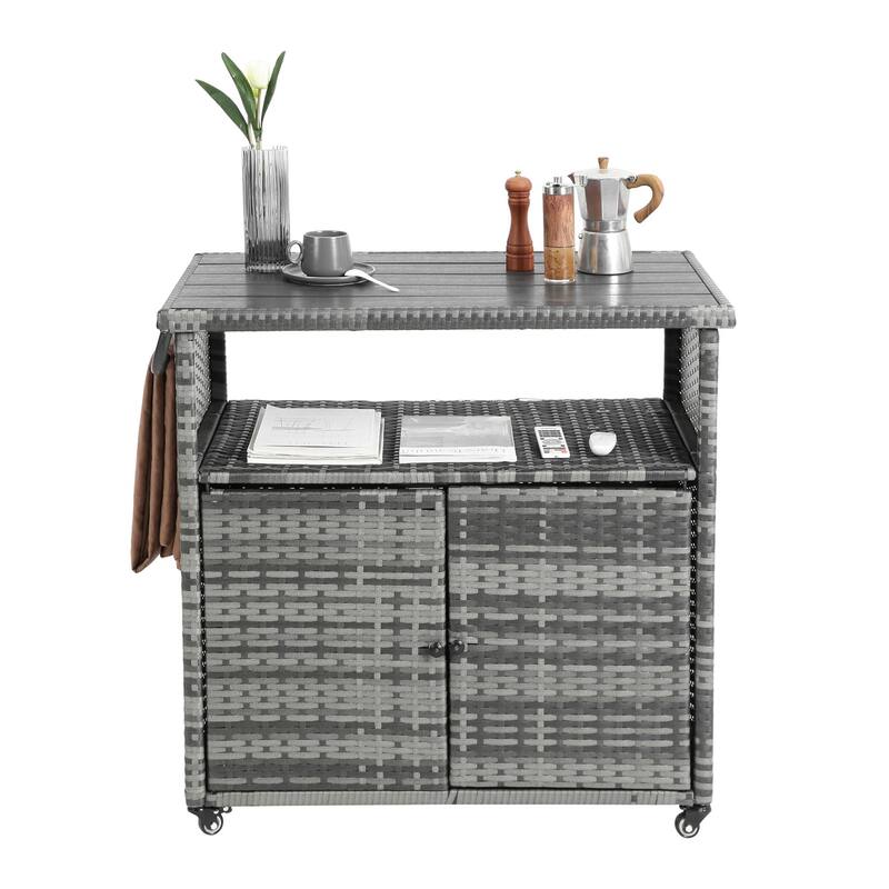 Outdoor Wicker Bar Cart,Patio Wine Serving Cart Wheels,Rolling Rattan Beverage Bar Counter Table Glass Top