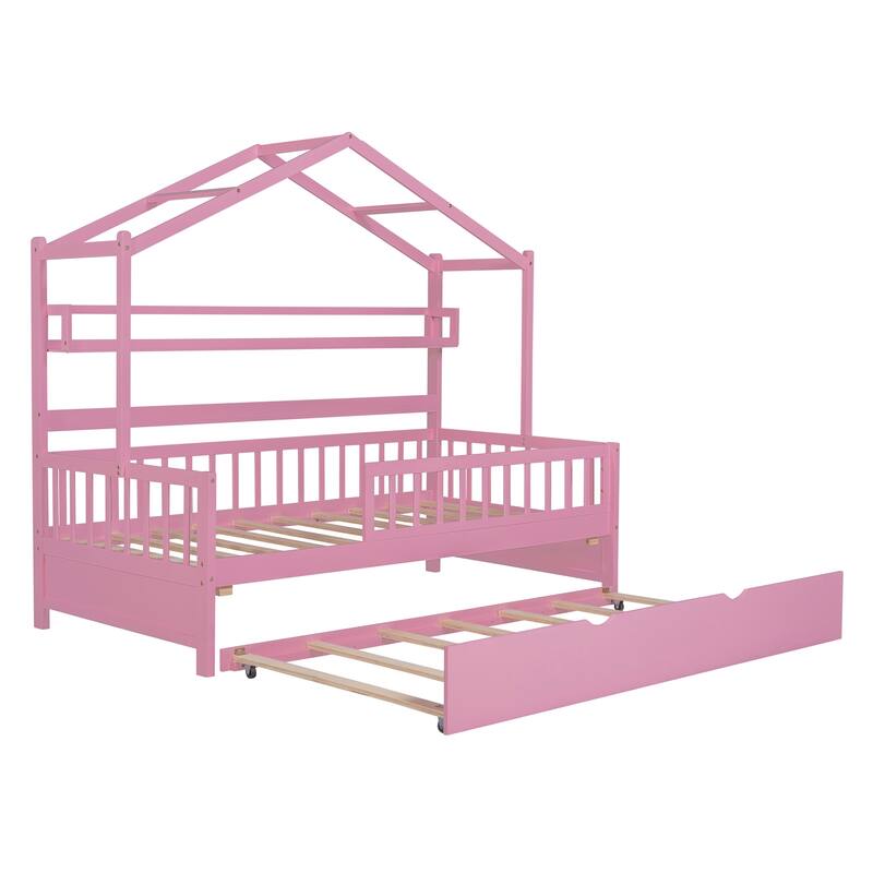 Cute Wooden Twin or Full House Bed with Trundle, Kids Bed Wood Platform Bed Frame with Safety Guardrail & Storage Shelf