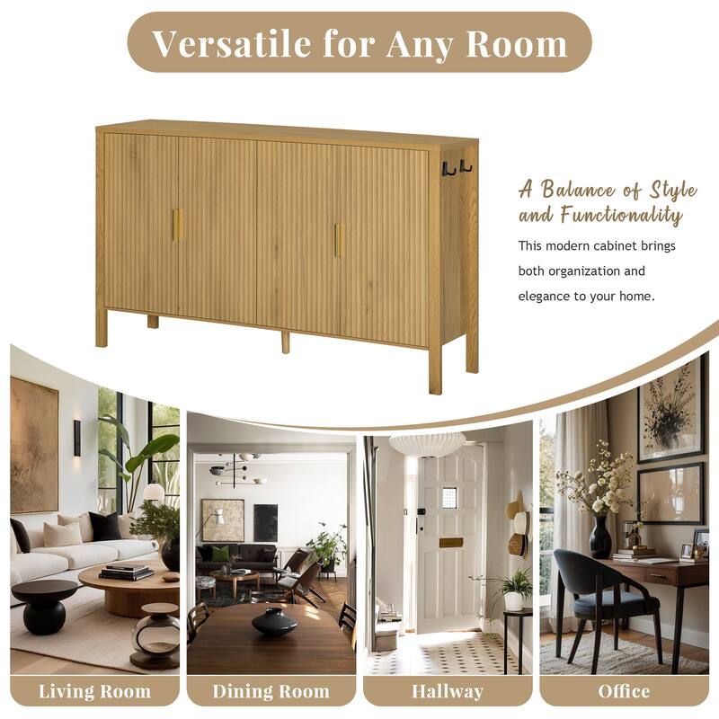 Storage Cabinet with Vertical Stripe Doors & Adjustable Shelves, Sideboard Cabinet with Door Racks & Side Hooks