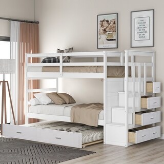 Twin Over Twin Wood Bunk Bed for Kids with Trundle and Staircase(4 Storage Drawers)
