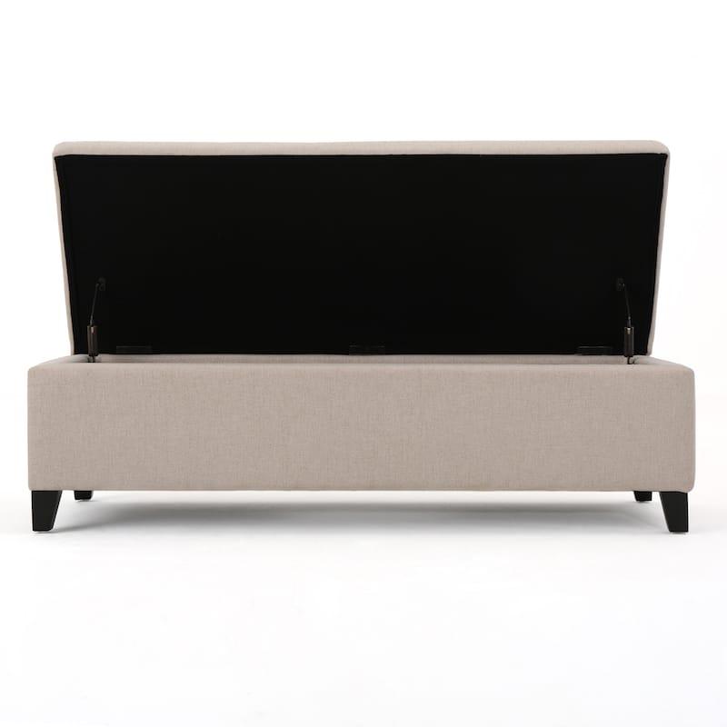 Storage Bench Ottoman, Ivory, 51 Inch Cushioned Seat, Birch Wood Legs