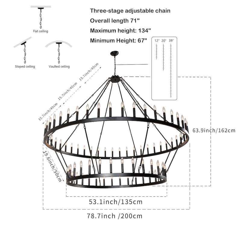 Black Large Wagon Wheel Chandelier 2 Tier 80-Light Farmhouse Chandelier - 53.1+78.7 inch