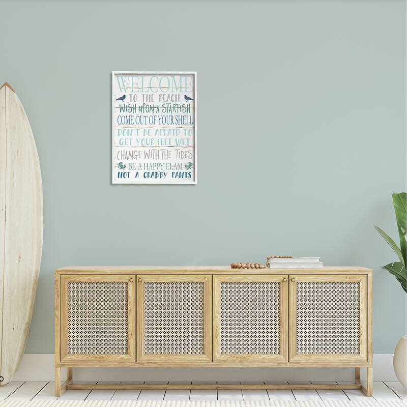 Stupell Welcome to the Beach Blue Aqua and White Planked Look Sign Framed Giclee Texturized Art by Jennifer Pugh