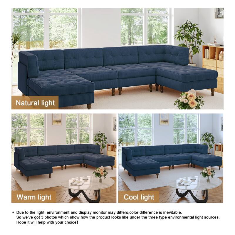 130"W Corduroy Upholstered Modular Sectional Sofa with Storage Ottoman
