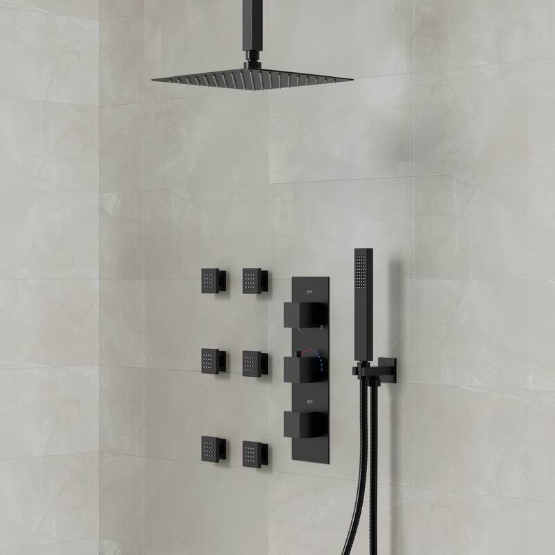 Thermostatic Shower System 12" Rain Shower Head with High Pressure Handheld Spray