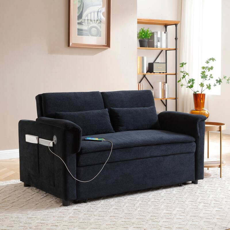 3 in 1 Convertible Sofa Bed with USB Port, Velvet 2 Seater Pull Out Sofa Bed, Loveseat Sofa with Adjustable Back & Side Pockets - Black