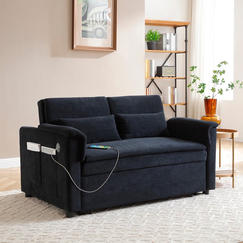 55" Velvet 2-Seater Convertible Sofa Bed, 3-in-1 Pull-Out Loveseat with Adjustable Backrest, USB Ports, Side Pockets - Black