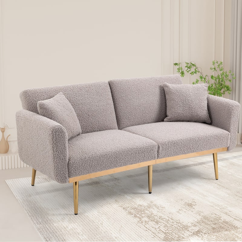 Modern Teddy Upholstered 2-Seater Sofa Bed with 7 Golden Metal Legs - Grey