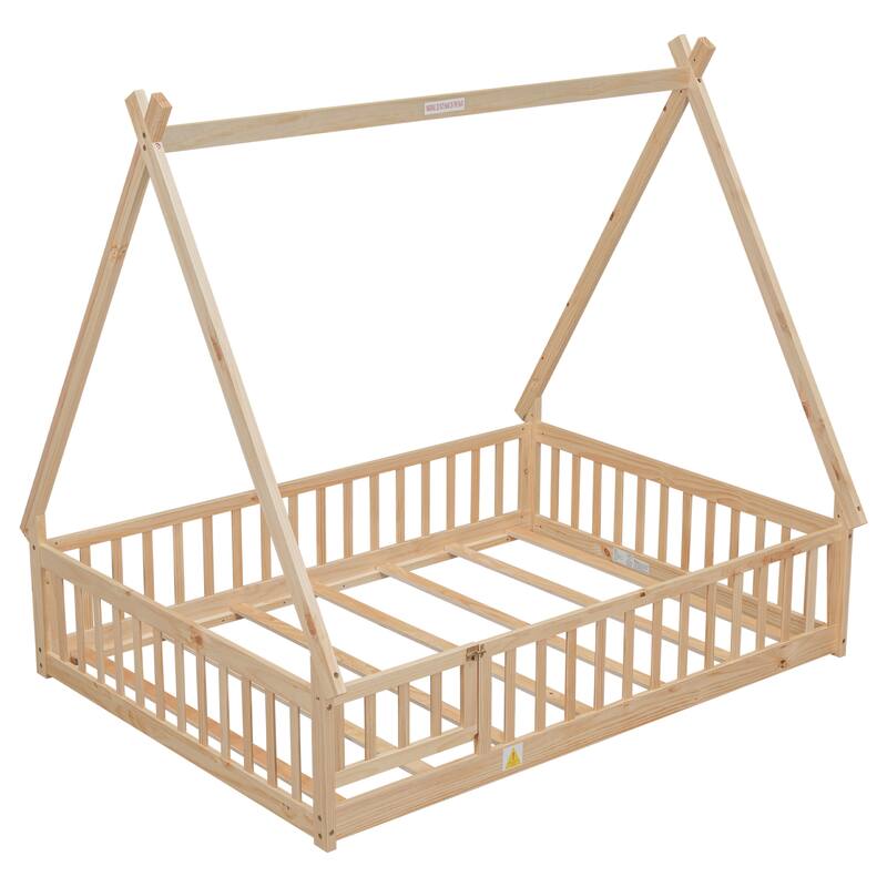 Full Pine Tent Floor Bed with Guardrails, Easy Assembly