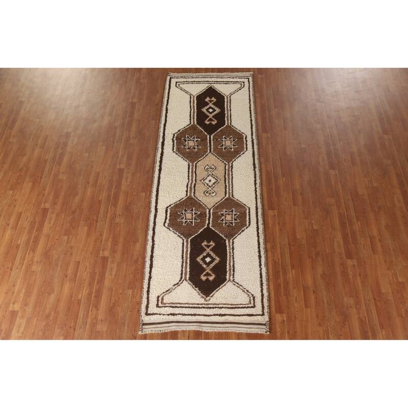 Anatolian Beige Tribal Turkish Runner Rug Handmade Wool Carpet - 3'7"x 10'4"
