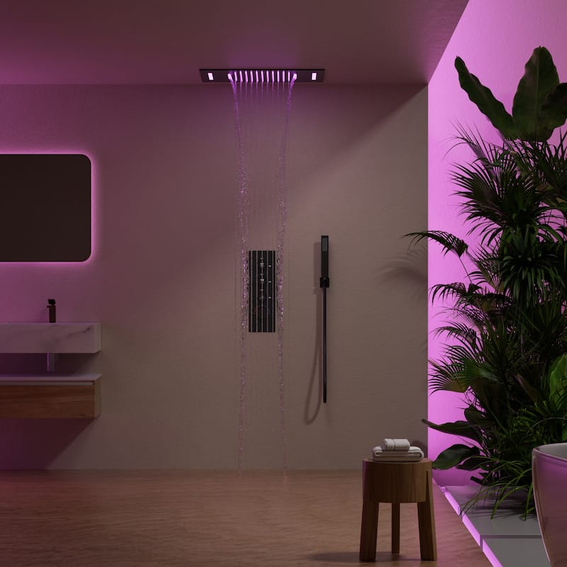 GRANDJOY LUXURY Shower System 22"x15" Ceiling Mount Rainfall & Waterfall Shower Head with Handheld Spray Como 64 Colors LED - Matte Black