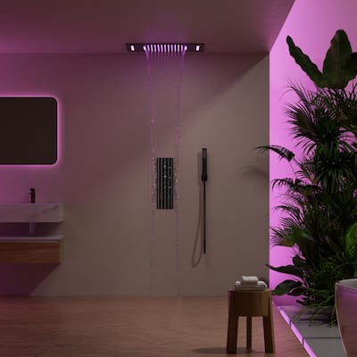 GRANDJOY LUXURY Shower System 22"x15" Ceiling Mount Rainfall & Waterfall Shower Head with Handheld Spray Como 64 Colors LED