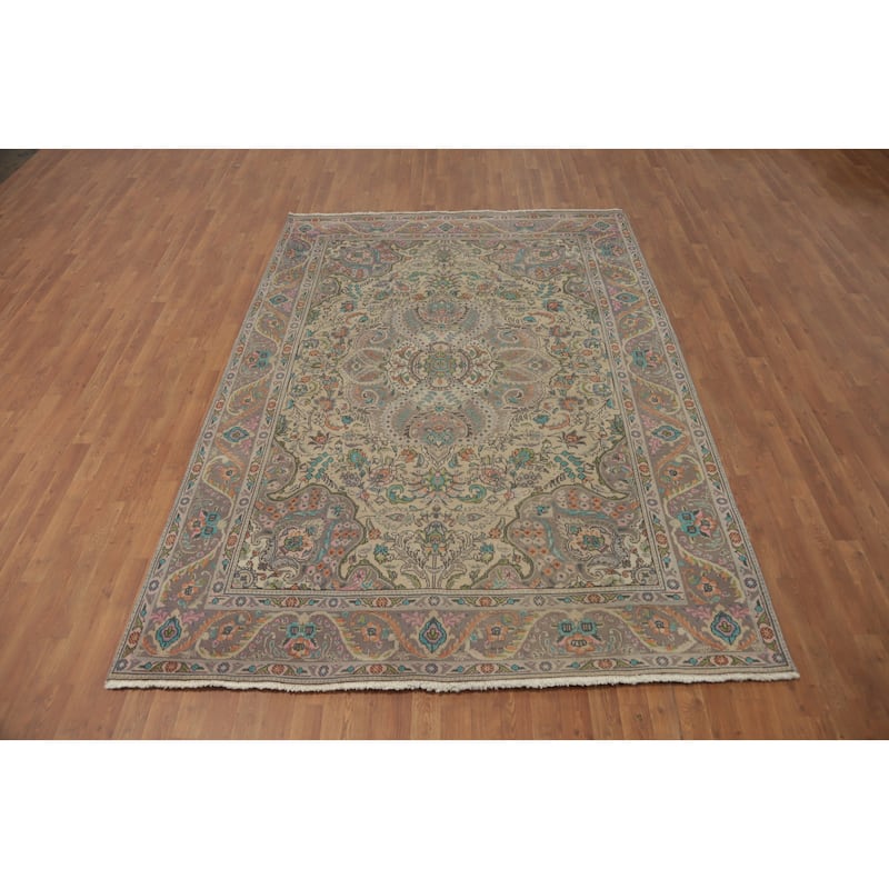 Hand Knotted Oriental 100% Wool Carpet Traditional Floral Beige & Ivories Tabriz Area Rug - 9' 6'' X 6' 8''