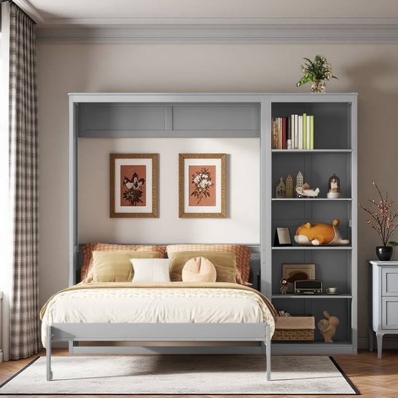 Queen Size Murphy Wall Bed with Adjustable Shelves, Space-Saving Foldable Design, Dual Piston Metal Mechanism - Gray - Queen