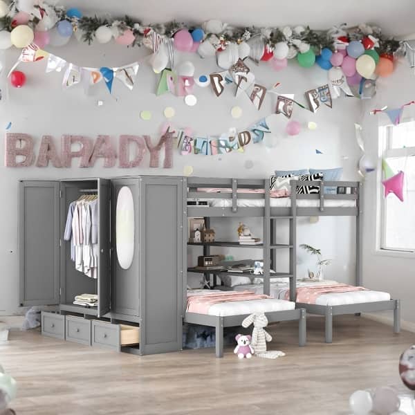 slide 2 of 36, Minimalist Design Full-Over-Twin-Twin Bunk Bed with 3 drawers,Shelves, Wardrobe and Mirror,Store Books,Display Decorations Gray