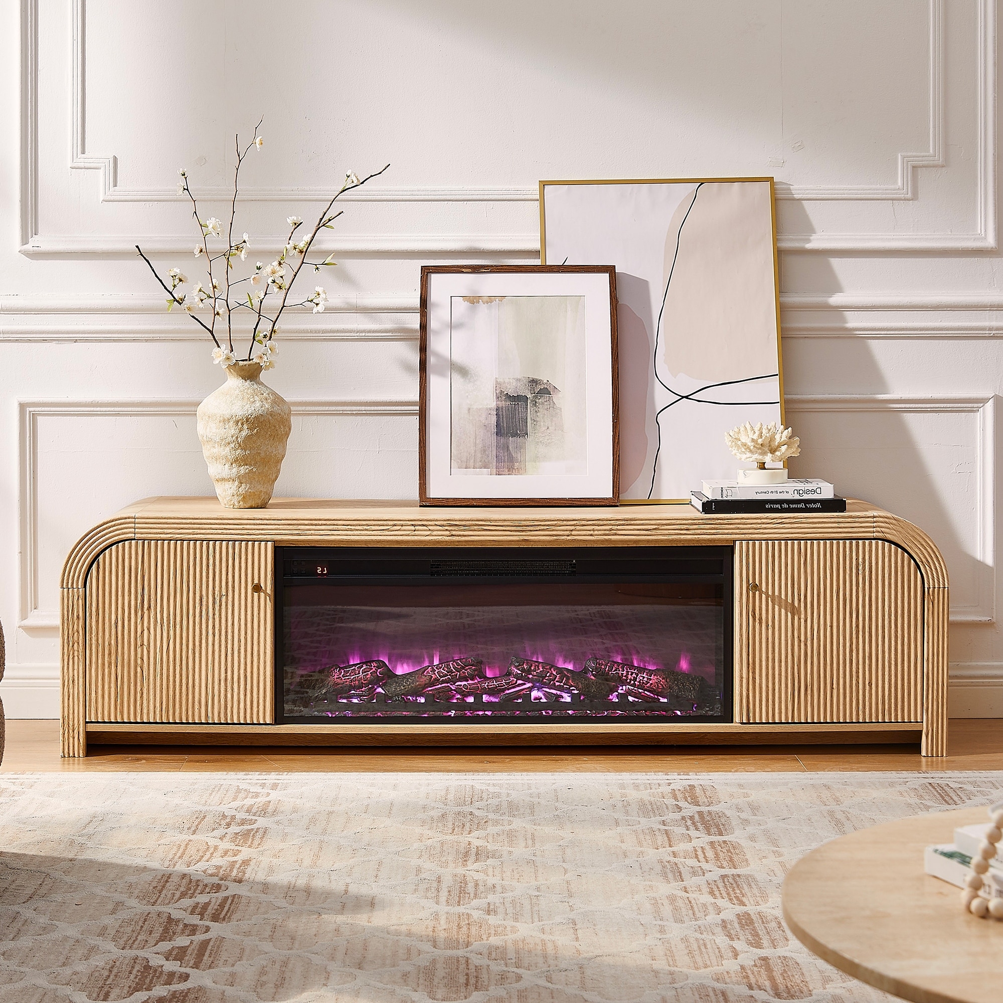 70" Modern Curved Fireplace TV Stand for 80" TV, Entertainment Center