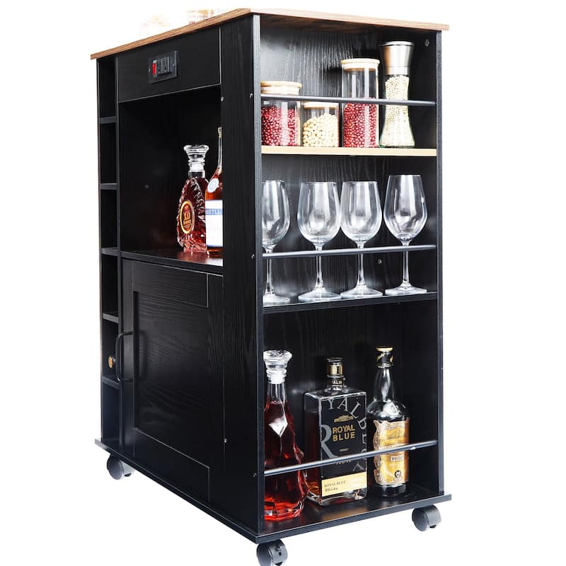 VECELO Kitchen Cart with Wheels and Charging Station,35.4'Kitchen Island Cart Wine Rack Bar Table, Bar Cabinet