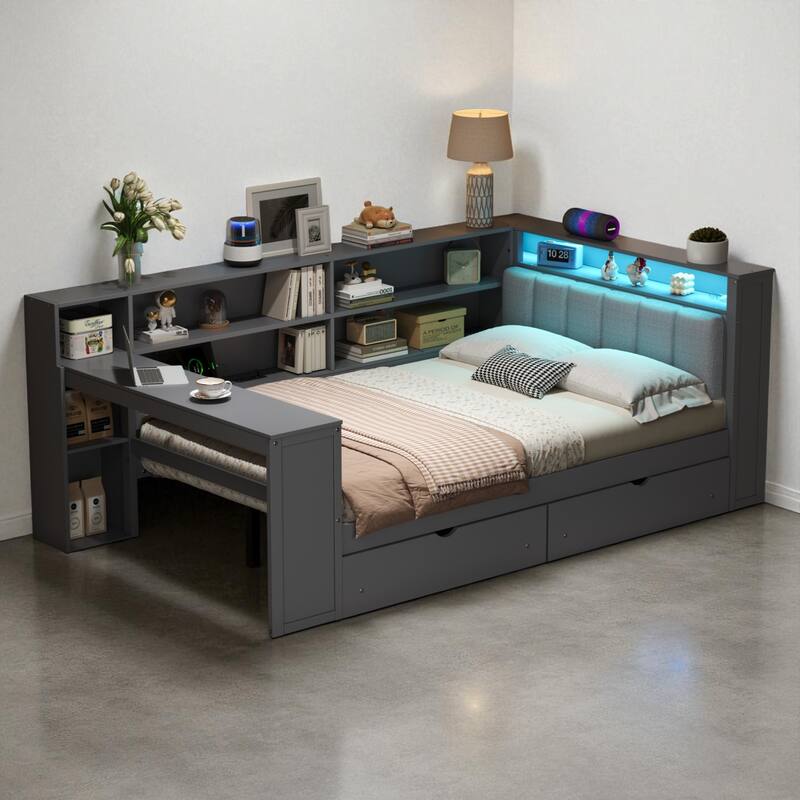 Twin/Full Size Platform Bed with Desk, Drawers, Shelves, Charging Station, LED Lights and Upholstered Headboard