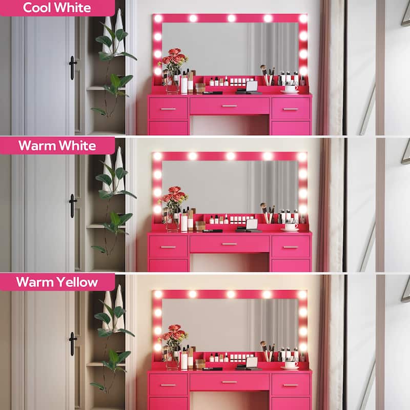 Modern Makeup Vanity with Mirror,3 Drawers & 2 Vertical Cabinets