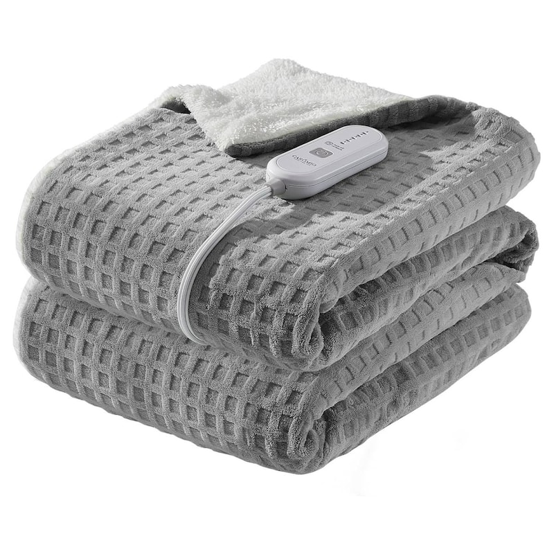 Waffle Soft Flannel & Sherpa Heated Throw Electric Blanket, Grey