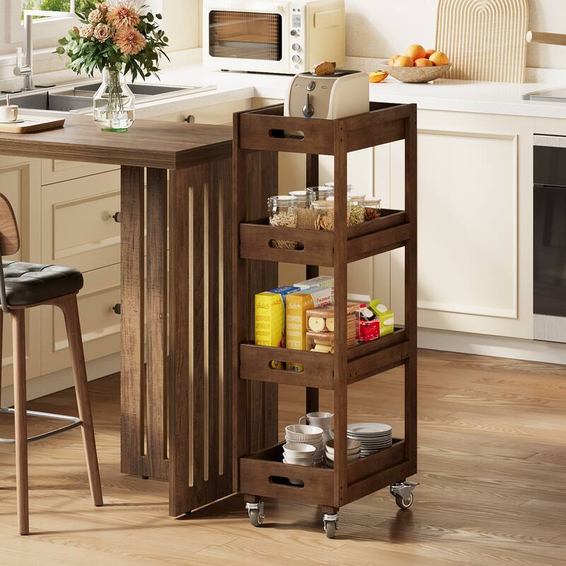 4-Tier Solid Wood Storage Cart, Narrow Kitchen Rolling Carts on Wheels