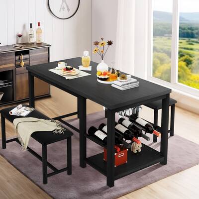 Mieres 3 Pieces Dining Set Including Rectangular Table with Wine Rack and Storage Shelf, 2 Faux Leather Upholstered Benches